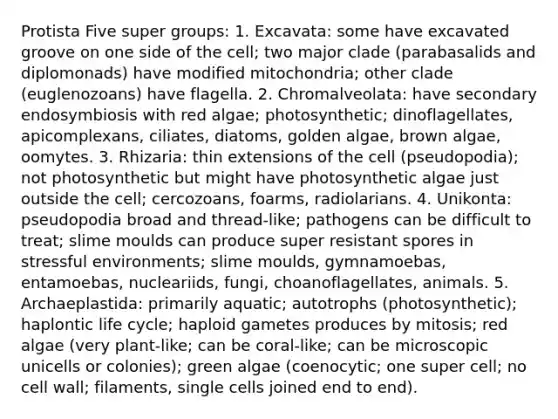 Protista Five super groups: 1. Excavata: some have excavated groove on one side of the cell; two major clade (parabasalids and diplomonads) have modified mitochondria; other clade (euglenozoans) have flagella. 2. Chromalveolata: have secondary endosymbiosis with red algae; photosynthetic; dinoflagellates, apicomplexans, ciliates, diatoms, golden algae, brown algae, oomytes. 3. Rhizaria: thin extensions of the cell (pseudopodia); not photosynthetic but might have photosynthetic algae just outside the cell; cercozoans, foarms, radiolarians. 4. Unikonta: pseudopodia broad and thread-like; pathogens can be difficult to treat; slime moulds can produce super resistant spores in stressful environments; slime moulds, gymnamoebas, entamoebas, nucleariids, fungi, choanoflagellates, animals. 5. Archaeplastida: primarily aquatic; autotrophs (photosynthetic); haplontic life cycle; haploid gametes produces by mitosis; red algae (very plant-like; can be coral-like; can be microscopic unicells or colonies); green algae (coenocytic; one super cell; no cell wall; filaments, single cells joined end to end).