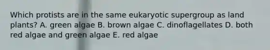 Which protists are in the same eukaryotic supergroup as land plants? A. green algae B. brown algae C. dinoflagellates D. both red algae and green algae E. red algae