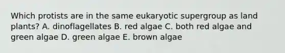 Which protists are in the same eukaryotic supergroup as land plants? A. dinoflagellates B. red algae C. both red algae and green algae D. green algae E. brown algae