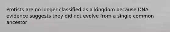 Protists are no longer classified as a kingdom because DNA evidence suggests they did not evolve from a single common ancestor