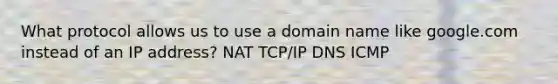 What protocol allows us to use a domain name like google.com instead of an IP address? NAT TCP/IP DNS ICMP