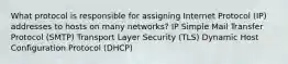 What protocol is responsible for assigning Internet Protocol (IP) addresses to hosts on many networks? IP Simple Mail Transfer Protocol (SMTP) Transport Layer Security (TLS) Dynamic Host Configuration Protocol (DHCP)