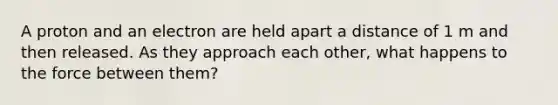 A proton and an electron are held apart a distance of 1 m and then released. As they approach each other, what happens to the force between them?