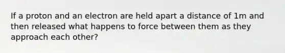 If a proton and an electron are held apart a distance of 1m and then released what happens to force between them as they approach each other?