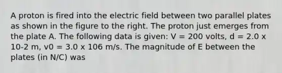 A proton is fired into the electric field between two parallel plates as shown in the figure to the right. The proton just emerges from the plate A. The following data is given: V = 200 volts, d = 2.0 x 10-2 m, v0 = 3.0 x 106 m/s. The magnitude of E between the plates (in N/C) was