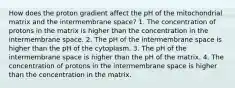 How does the proton gradient affect the pH of the mitochondrial matrix and the intermembrane space? 1. The concentration of protons in the matrix is higher than the concentration in the intermembrane space. 2. The pH of the intermembrane space is higher than the pH of the cytoplasm. 3. The pH of the intermembrane space is higher than the pH of the matrix. 4. The concentration of protons in the intermembrane space is higher than the concentration in the matrix.