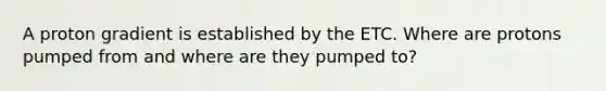 A proton gradient is established by the ETC. Where are protons pumped from and where are they pumped to?