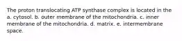 The proton translocating ATP synthase complex is located in the a. cytosol. b. outer membrane of the mitochondria. c. inner membrane of the mitochondria. d. matrix. e. intermembrane space.