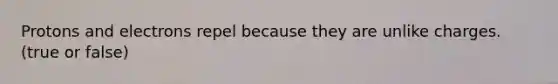 Protons and electrons repel because they are unlike charges. (true or false)