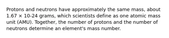 Protons and neutrons have approximately the same mass, about 1.67 × 10-24 grams, which scientists define as one atomic mass unit (AMU). Together, the number of protons and the number of neutrons determine an element's mass number.