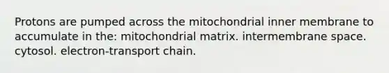 Protons are pumped across the mitochondrial inner membrane to accumulate in the: mitochondrial matrix. intermembrane space. cytosol. electron-transport chain.