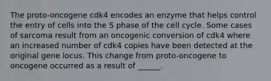 The proto-oncogene cdk4 encodes an enzyme that helps control the entry of cells into the S phase of the cell cycle. Some cases of sarcoma result from an oncogenic conversion of cdk4 where an increased number of cdk4 copies have been detected at the original gene locus. This change from proto-oncogene to oncogene occurred as a result of ______.