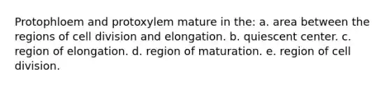 Protophloem and protoxylem mature in the: a. area between the regions of cell division and elongation. b. quiescent center. c. region of elongation. d. region of maturation. e. region of cell division.