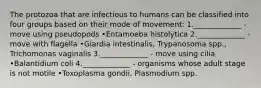 The protozoa that are infectious to humans can be classified into four groups based on their mode of movement: 1._____________ - move using pseudopods •Entamoeba histolytica 2._____________ - move with flagella •Giardia intestinalis, Trypanosoma spp., Trichomonas vaginalis 3._____________ - move using cilia •Balantidium coli 4._____________ - organisms whose adult stage is not motile •Toxoplasma gondii, Plasmodium spp.