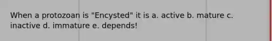 When a protozoan is "Encysted" it is a. active b. mature c. inactive d. immature e. depends!