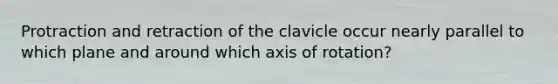 Protraction and retraction of the clavicle occur nearly parallel to which plane and around which axis of rotation?