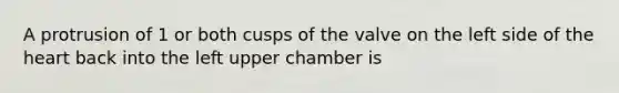 A protrusion of 1 or both cusps of the valve on the left side of the heart back into the left upper chamber is