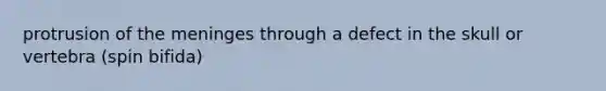 protrusion of the meninges through a defect in the skull or vertebra (spin bifida)