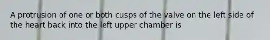 A protrusion of one or both cusps of the valve on the left side of the heart back into the left upper chamber is