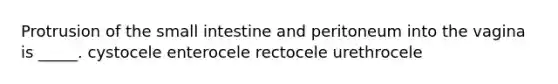 Protrusion of <a href='https://www.questionai.com/knowledge/kt623fh5xn-the-small-intestine' class='anchor-knowledge'>the small intestine</a> and peritoneum into the vagina is _____. cystocele enterocele rectocele urethrocele