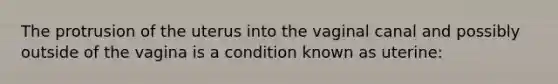 The protrusion of the uterus into the vaginal canal and possibly outside of the vagina is a condition known as uterine: