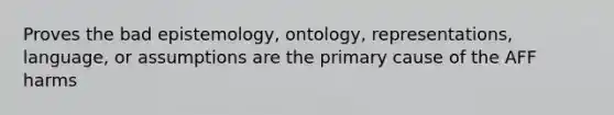 Proves the bad epistemology, ontology, representations, language, or assumptions are the primary cause of the AFF harms