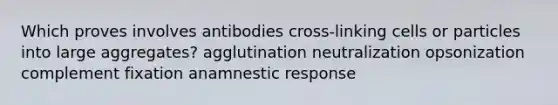 Which proves involves antibodies cross-linking cells or particles into large aggregates? agglutination neutralization opsonization complement fixation anamnestic response