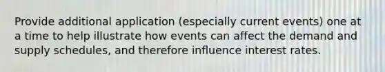 Provide additional application (especially current events) one at a time to help illustrate how events can affect the demand and supply schedules, and therefore influence interest rates.