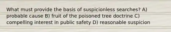 What must provide the basis of suspicionless searches? A) probable cause B) fruit of the poisoned tree doctrine C) compelling interest in public safety D) reasonable suspicion