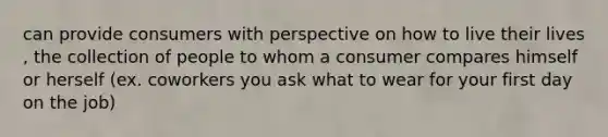 can provide consumers with perspective on how to live their lives , the collection of people to whom a consumer compares himself or herself (ex. coworkers you ask what to wear for your first day on the job)