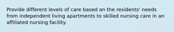 Provide different levels of care based on the residents' needs from independent living apartments to skilled nursing care in an affiliated nursing facility.