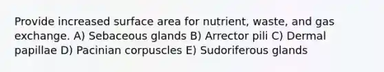 Provide increased <a href='https://www.questionai.com/knowledge/kEtsSAPENL-surface-area' class='anchor-knowledge'>surface area</a> for nutrient, waste, and gas exchange. A) Sebaceous glands B) Arrector pili C) Dermal papillae D) Pacinian corpuscles E) Sudoriferous glands