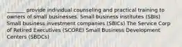 _______ provide individual counseling and practical training to owners of small businesses. Small business institutes (SBIs) Small business investment companies (SBICs) The Service Corp of Retired Executives (SCORE) Small Business Development Centers (SBDCs)