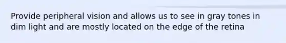 Provide peripheral vision and allows us to see in gray tones in dim light and are mostly located on the edge of the retina