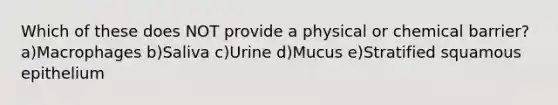 Which of these does NOT provide a physical or chemical barrier? a)Macrophages b)Saliva c)Urine d)Mucus e)Stratified squamous epithelium