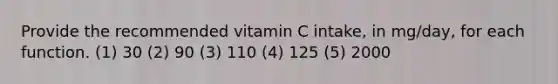 Provide the recommended vitamin C intake, in mg/day, for each function. (1) 30 (2) 90 (3) 110 (4) 125 (5) 2000