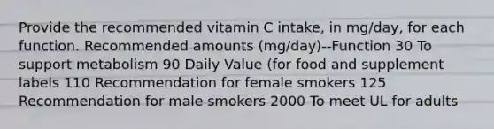 Provide the recommended vitamin C intake, in mg/day, for each function. Recommended amounts (mg/day)--Function 30 To support metabolism 90 Daily Value (for food and supplement labels 110 Recommendation for female smokers 125 Recommendation for male smokers 2000 To meet UL for adults