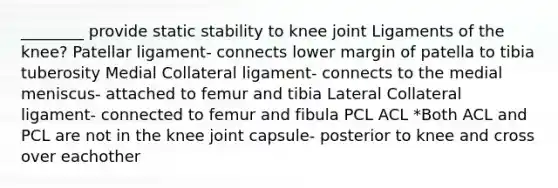 ________ provide static stability to knee joint Ligaments of the knee? Patellar ligament- connects lower margin of patella to tibia tuberosity Medial Collateral ligament- connects to the medial meniscus- attached to femur and tibia Lateral Collateral ligament- connected to femur and fibula PCL ACL *Both ACL and PCL are not in the knee joint capsule- posterior to knee and cross over eachother