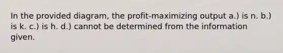 In the provided diagram, the profit-maximizing output a.) is n. b.) is k. c.) is h. d.) cannot be determined from the information given.