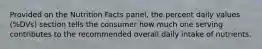 Provided on the Nutrition Facts panel, the percent daily values (%DVs) section tells the consumer how much one serving contributes to the recommended overall daily intake of nutrients.