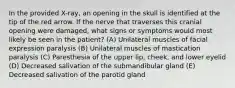 In the provided X-ray, an opening in the skull is identified at the tip of the red arrow. If the nerve that traverses this cranial opening were damaged, what signs or symptoms would most likely be seen in the patient? (A) Unilateral muscles of facial expression paralysis (B) Unilateral muscles of mastication paralysis (C) Paresthesia of the upper lip, cheek, and lower eyelid (D) Decreased salivation of the submandibular gland (E) Decreased salivation of the parotid gland