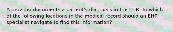 A provider documents a patient's diagnosis in the EHR. To which of the following locations in the medical record should an EHR specialist navigate to find this information?