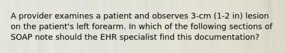 A provider examines a patient and observes 3-cm (1-2 in) lesion on the patient's left forearm. In which of the following sections of SOAP note should the EHR specialist find this documentation?