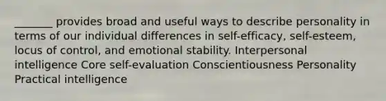 _______ provides broad and useful ways to describe personality in terms of our individual differences in self-efficacy, self-esteem, locus of control, and emotional stability. Interpersonal intelligence Core self-evaluation Conscientiousness Personality Practical intelligence