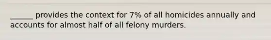 ______ provides the context for 7% of all homicides annually and accounts for almost half of all felony murders.