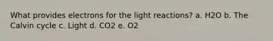 What provides electrons for the light reactions? a. H2O b. The Calvin cycle c. Light d. CO2 e. O2