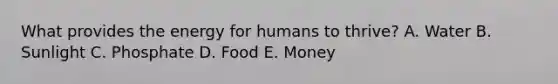 What provides the energy for humans to thrive? A. Water B. Sunlight C. Phosphate D. Food E. Money