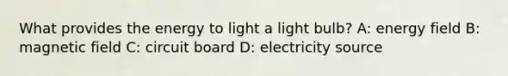 What provides the energy to light a light bulb? A: energy field B: magnetic field C: circuit board D: electricity source