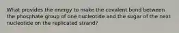 What provides the energy to make the covalent bond between the phosphate group of one nucleotide and the sugar of the next nucleotide on the replicated strand?