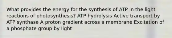 What provides the energy for the synthesis of ATP in the light reactions of photosynthesis? ATP hydrolysis Active transport by ATP synthase A proton gradient across a membrane Excitation of a phosphate group by light